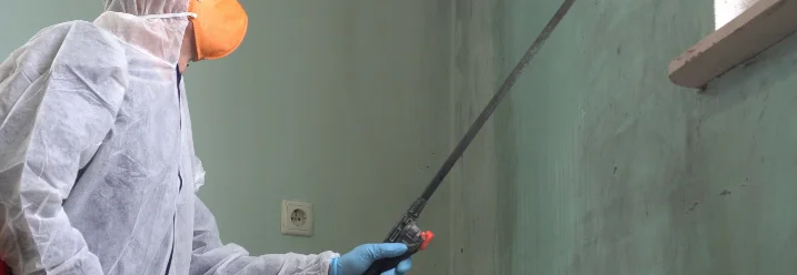 Person trägt einen weißen Schutzanzug, eine orangefarbene Atemschutzmaske und verwendet ein Sprühgerät an einer Wand.